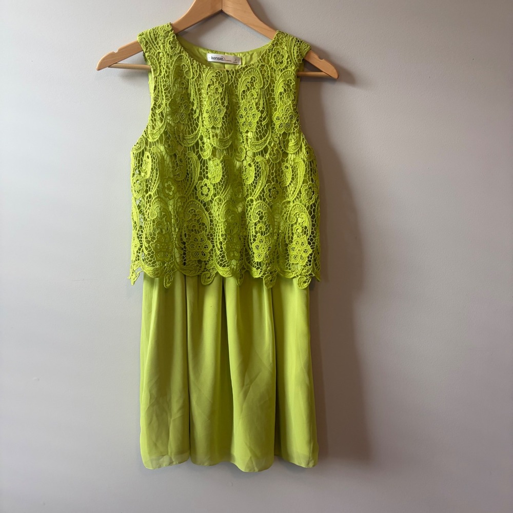 Kensie Lime Green Floral Lace Chiffon Sleeveless Dress KS6D9442 Size 2